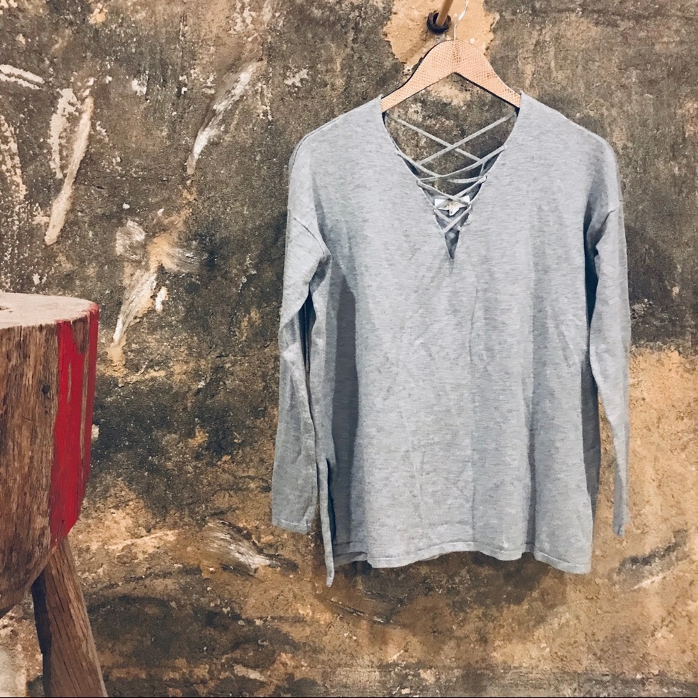 gray sweater crisscross lacing neck Honey Punch